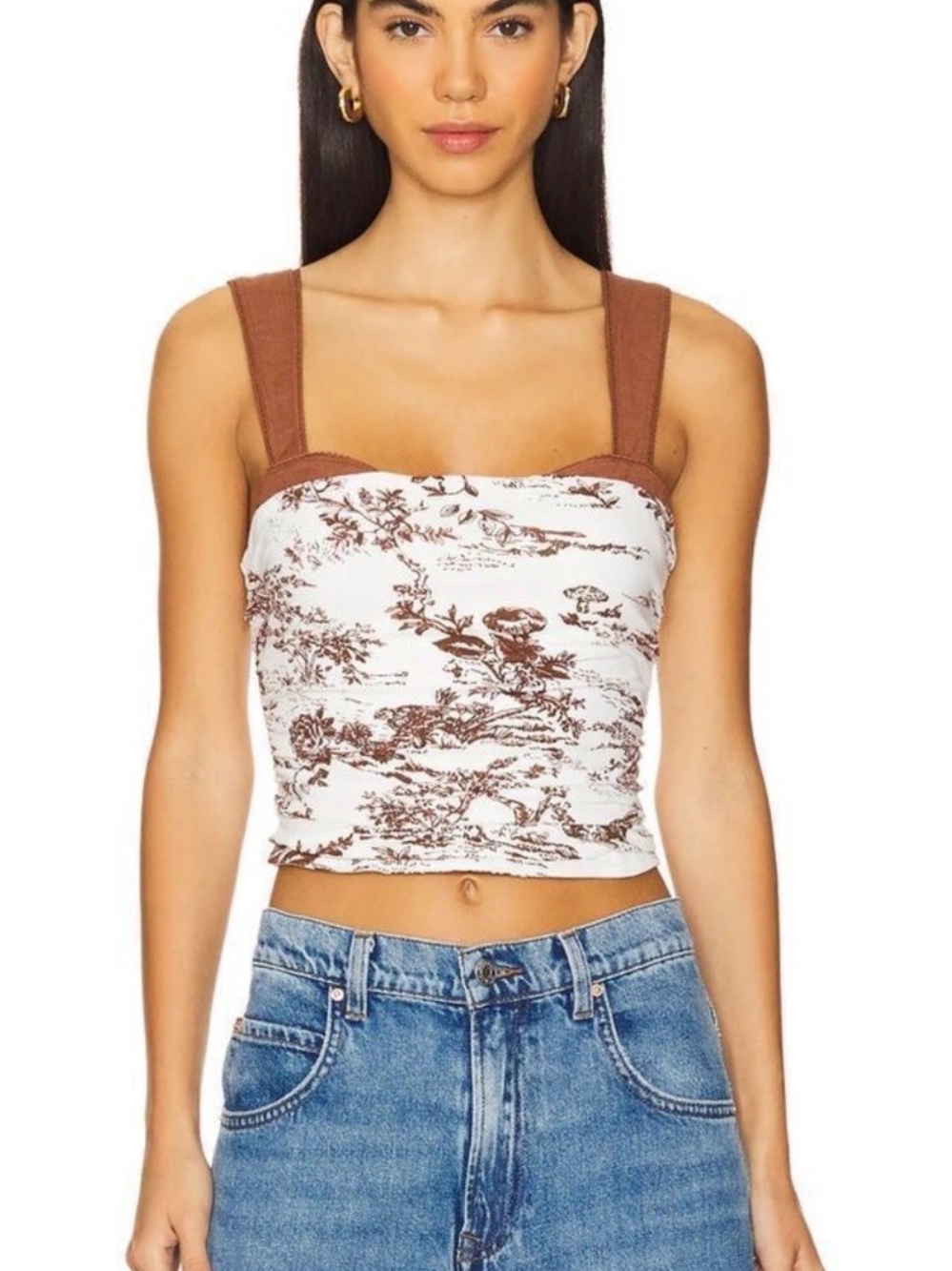 Free People Brown Toile Square-Neck Tank Top
